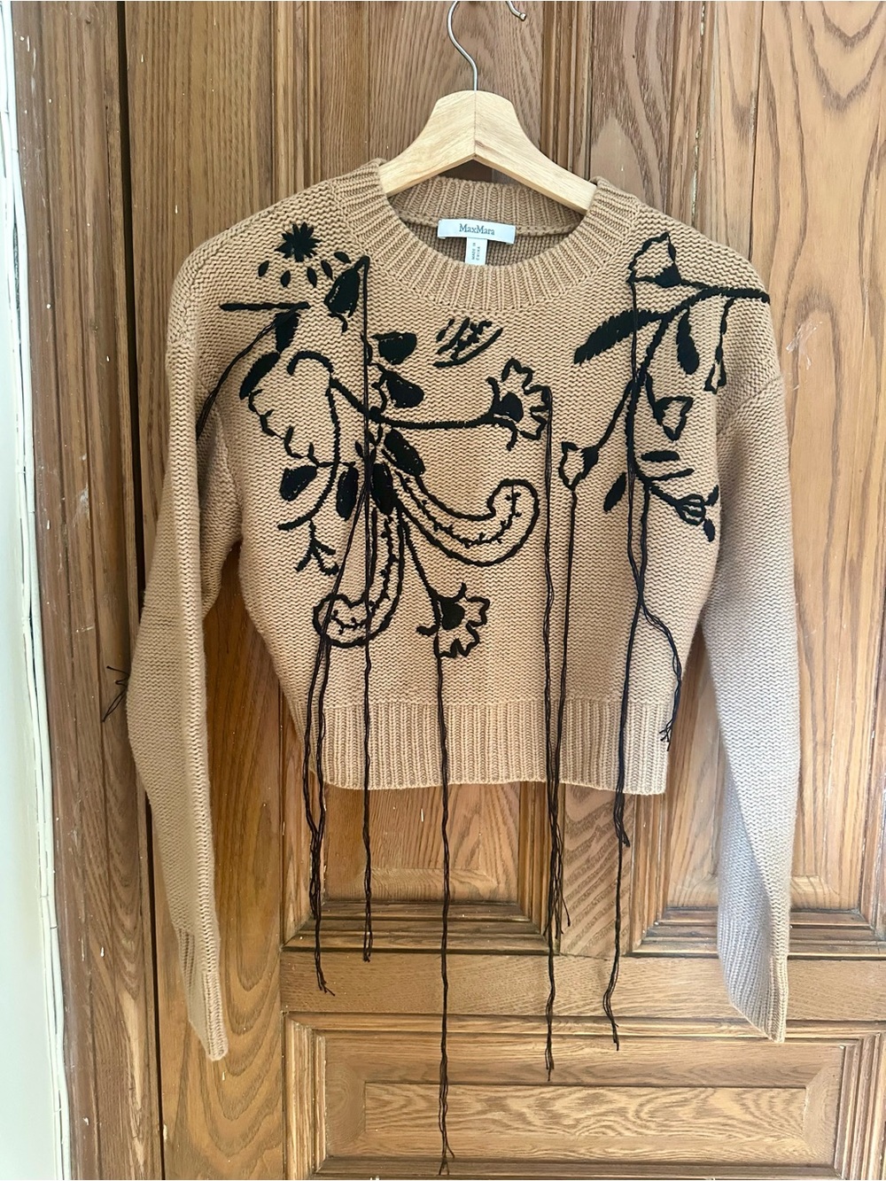 MaxMara Camel Cropped Sweater with Black Floral Embroidery